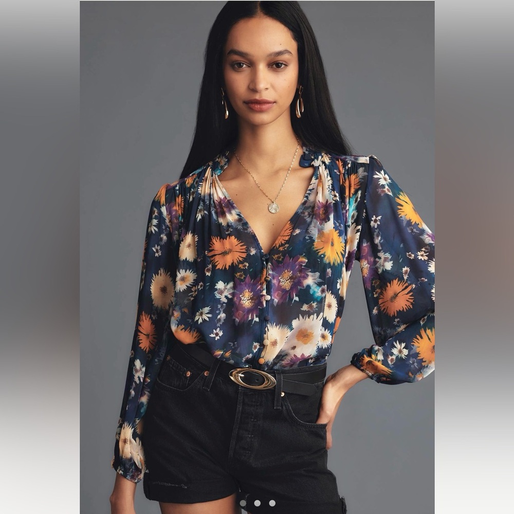 Anthropologie Estella Sheer Printed Blouse Navy Size Small
